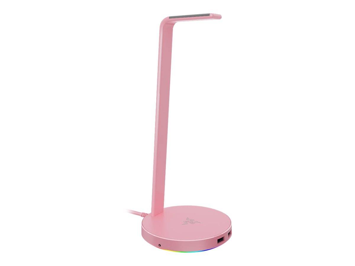 Rosa LED-Schreibtischlampe mit kreisförmiger Basis, schlankem vertikalem Schaft und abgewinkelter Lichtleiste auf weißem Hintergrund.