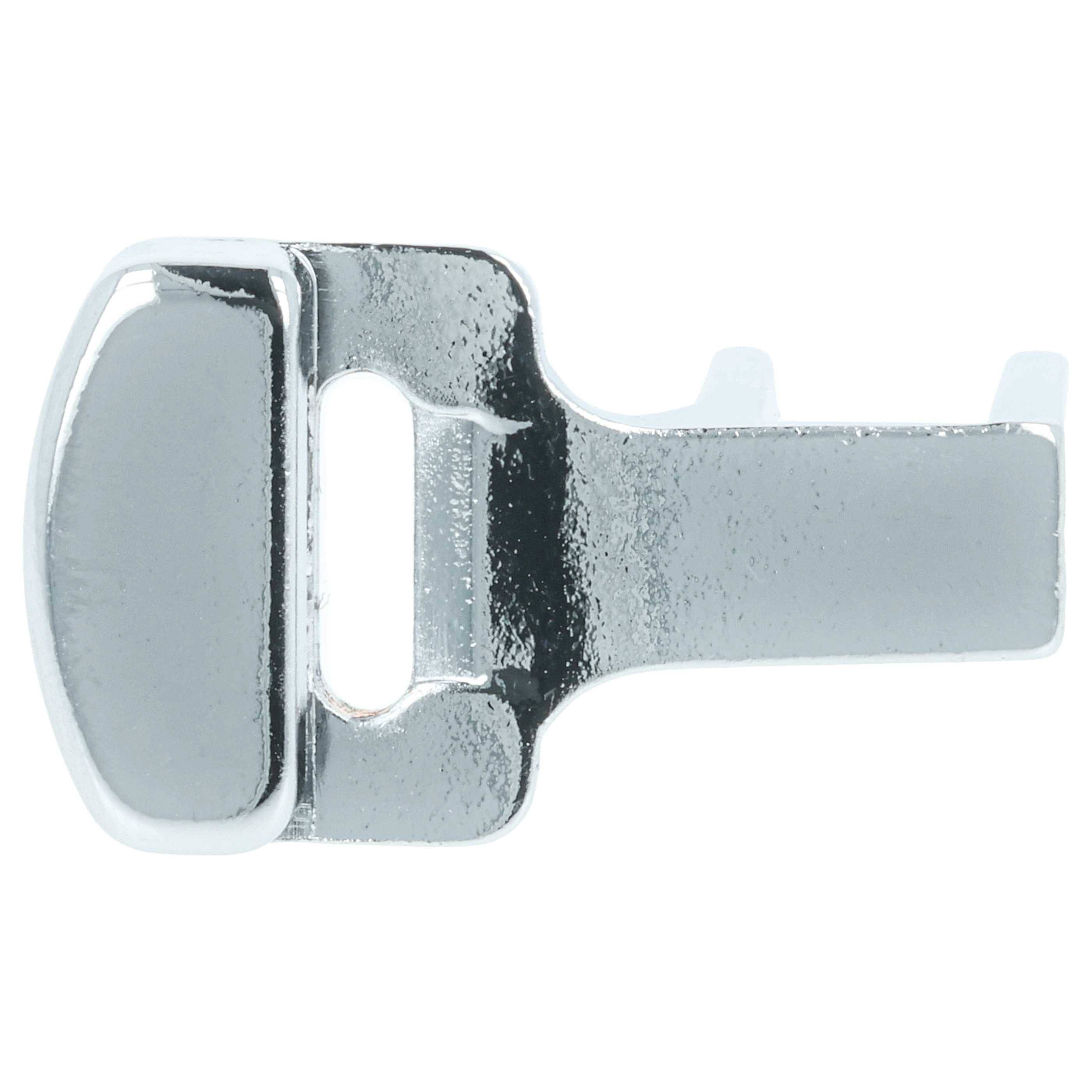 Eine Metallschnalleneinsatz für Sicherheitsgurte auf weißem Hintergrund, der seine Form und reflektierende silberne Oberfläche hervorhebt.