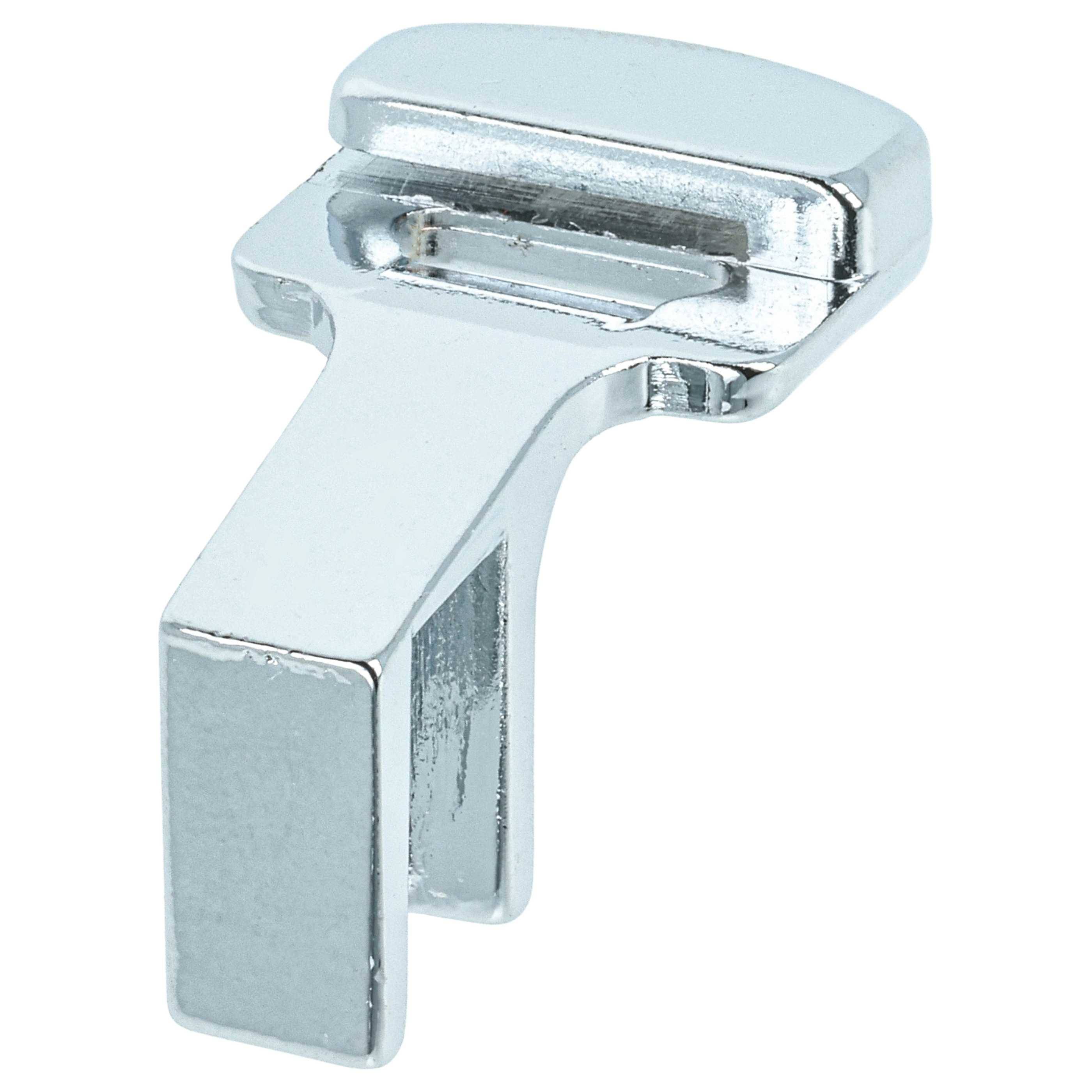 Eine kleine, metallische, L-förmige Halterung mit einer ebenen Oberseite, möglicherweise zum Befestigen oder Stützen eines anderen Objekts verwendet.