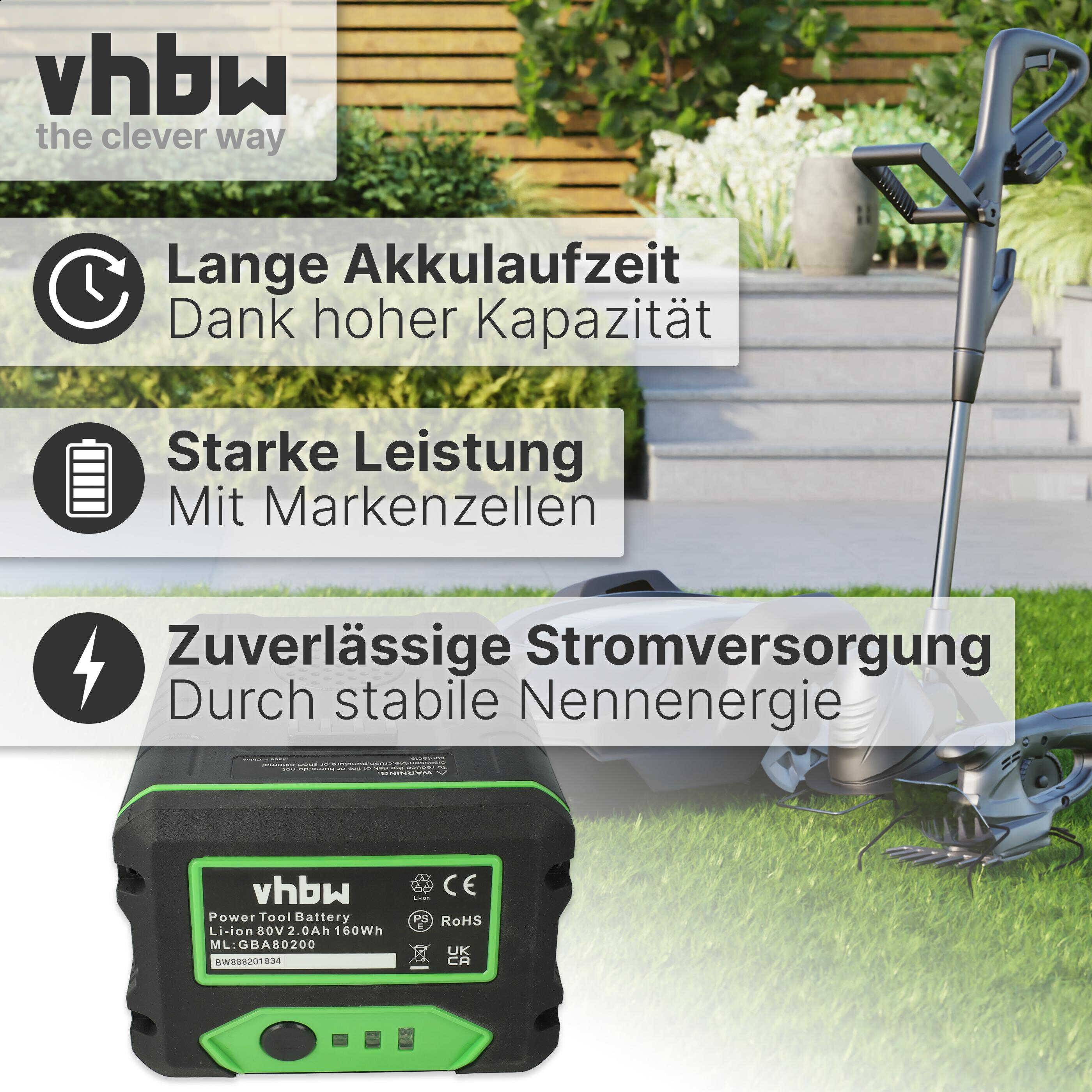 vhbw Akku Ersatz für Greenworks GBA80500, GBA80400 für Rasenmäher Akku-Gartengerät Grasschere, Strauchschere (2000mAh 80V Li-Ion)