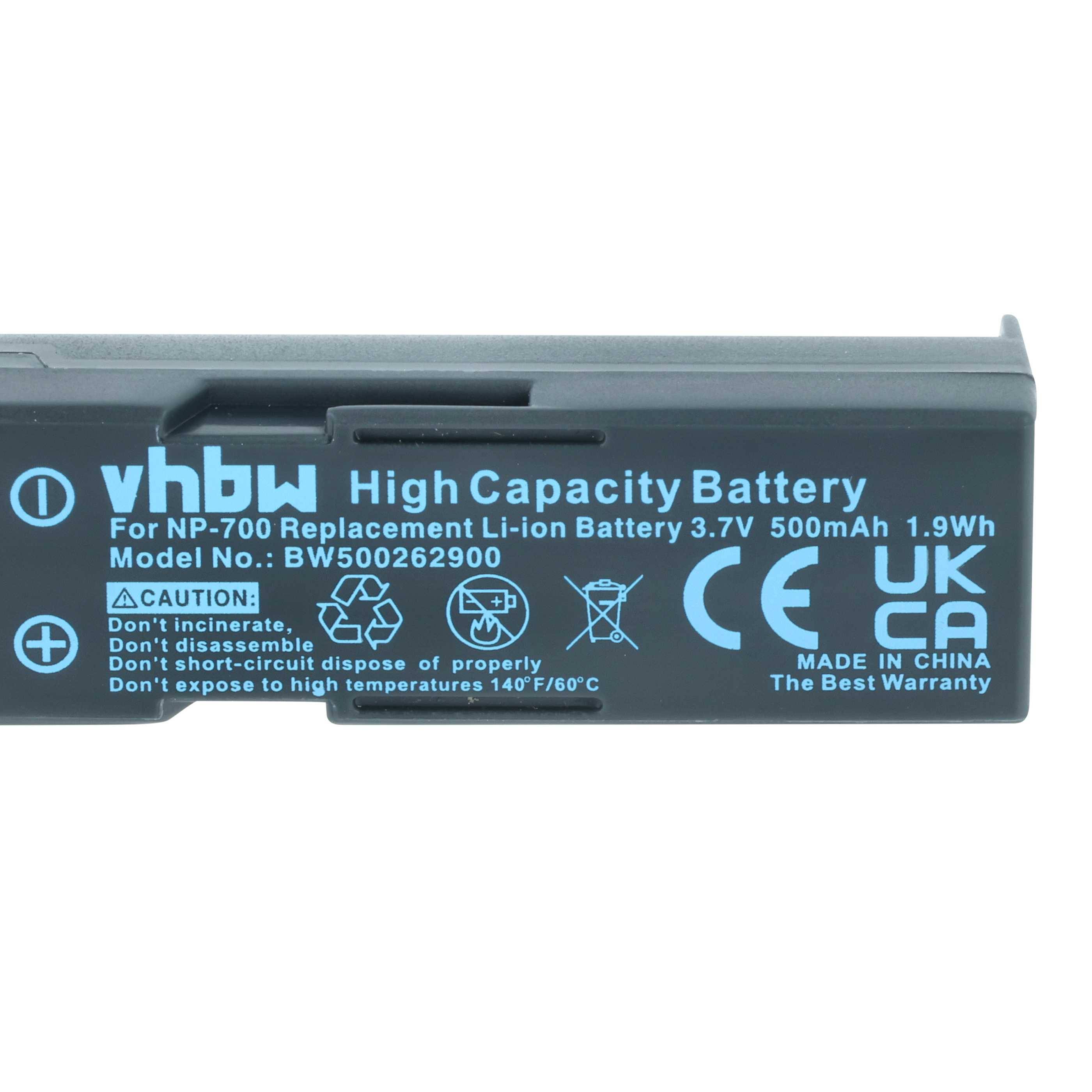 Ersatz Li-Ion-Akku für NP-BX1, 3,7V, 500mAh, 1,9Wh, Modell-Nr. BW500262900. Enthält Sicherheitswarnungen und Zertifizierungszeichen.