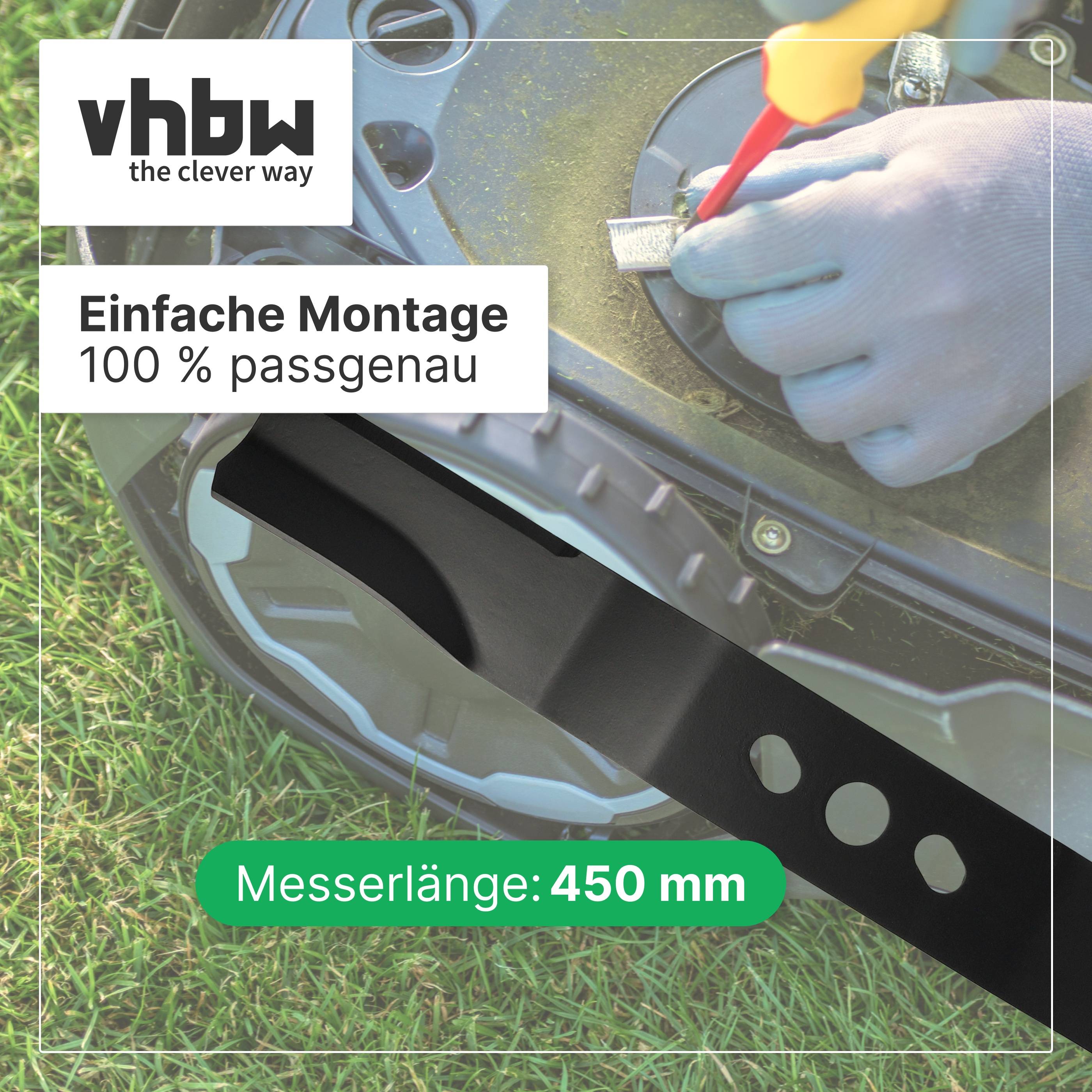 Hände, die ein Mähermesser installieren; der Text lautet „vhhw the clever way