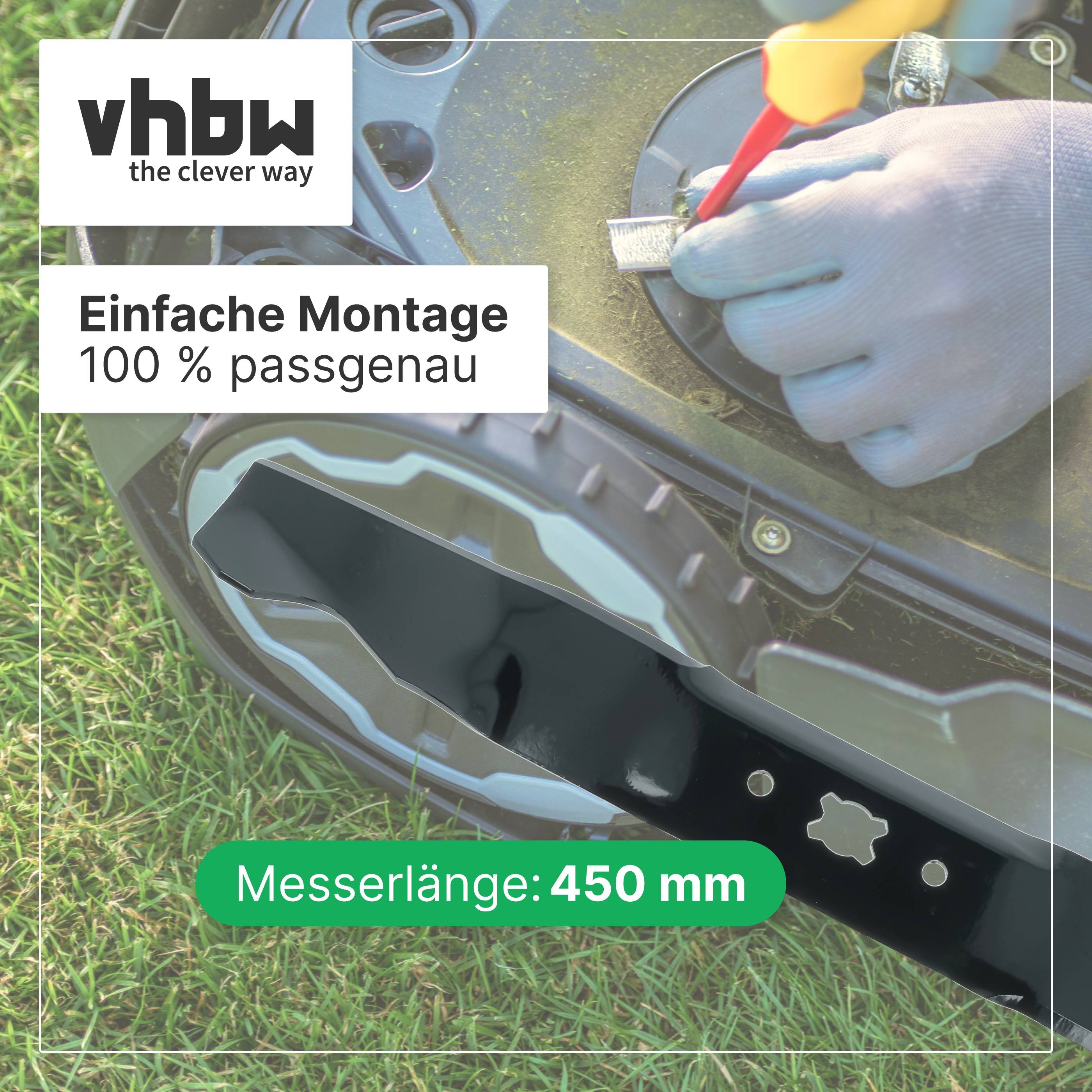 Werbebild eines Rasenroboters, der mit einem Schraubendreher zusammengebaut wird, beschriftet mit 'vhbw the clever way' und 'Einfache Montage 100 % passgenau', zeigt 'Messerlänge: 450 mm'.