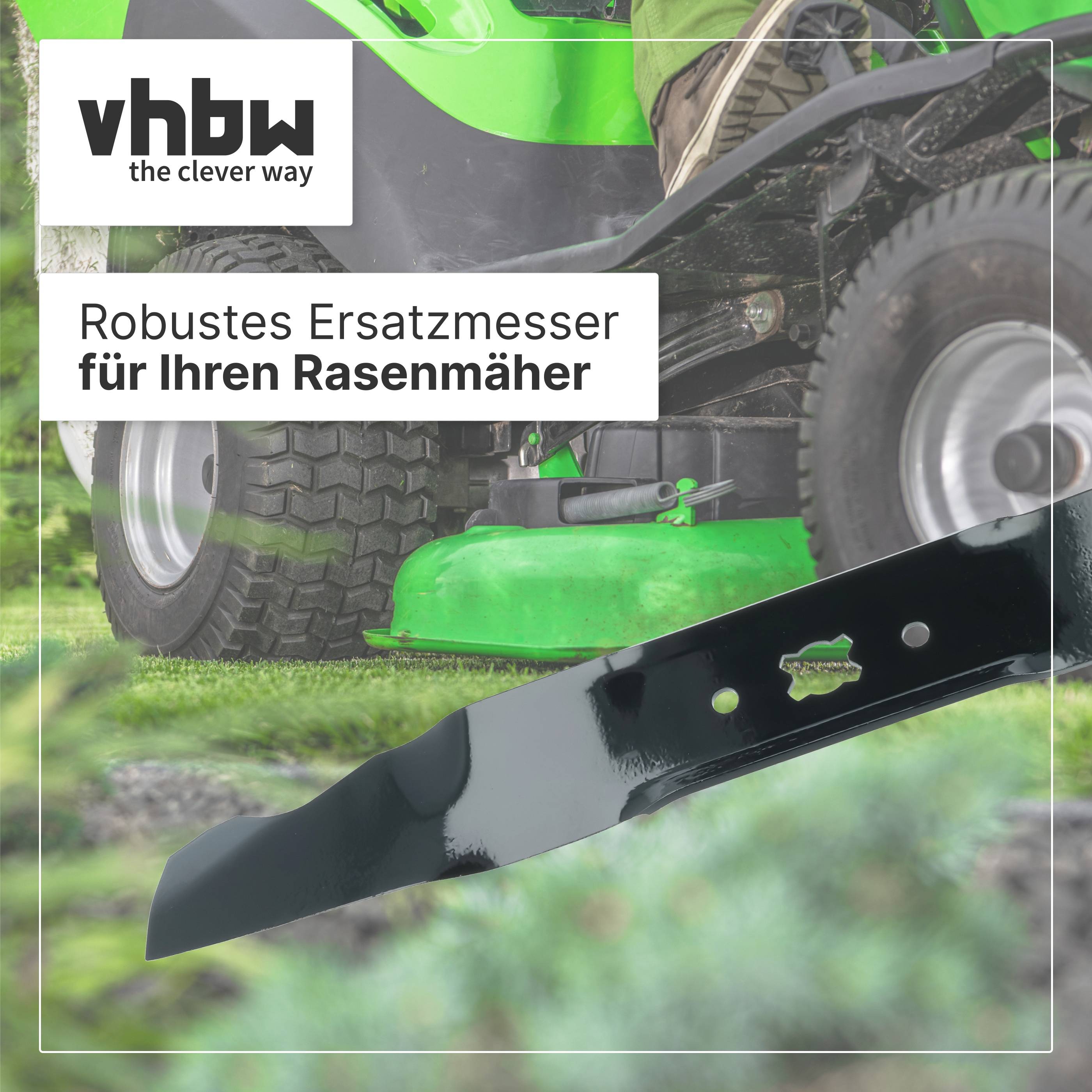 vhbw Anzeige für ein robustes Ersatz-Rasenmesserset, mit einem Rasenmäher im Hintergrund und dem Messer prominent in der Vordergrund dargestellt.