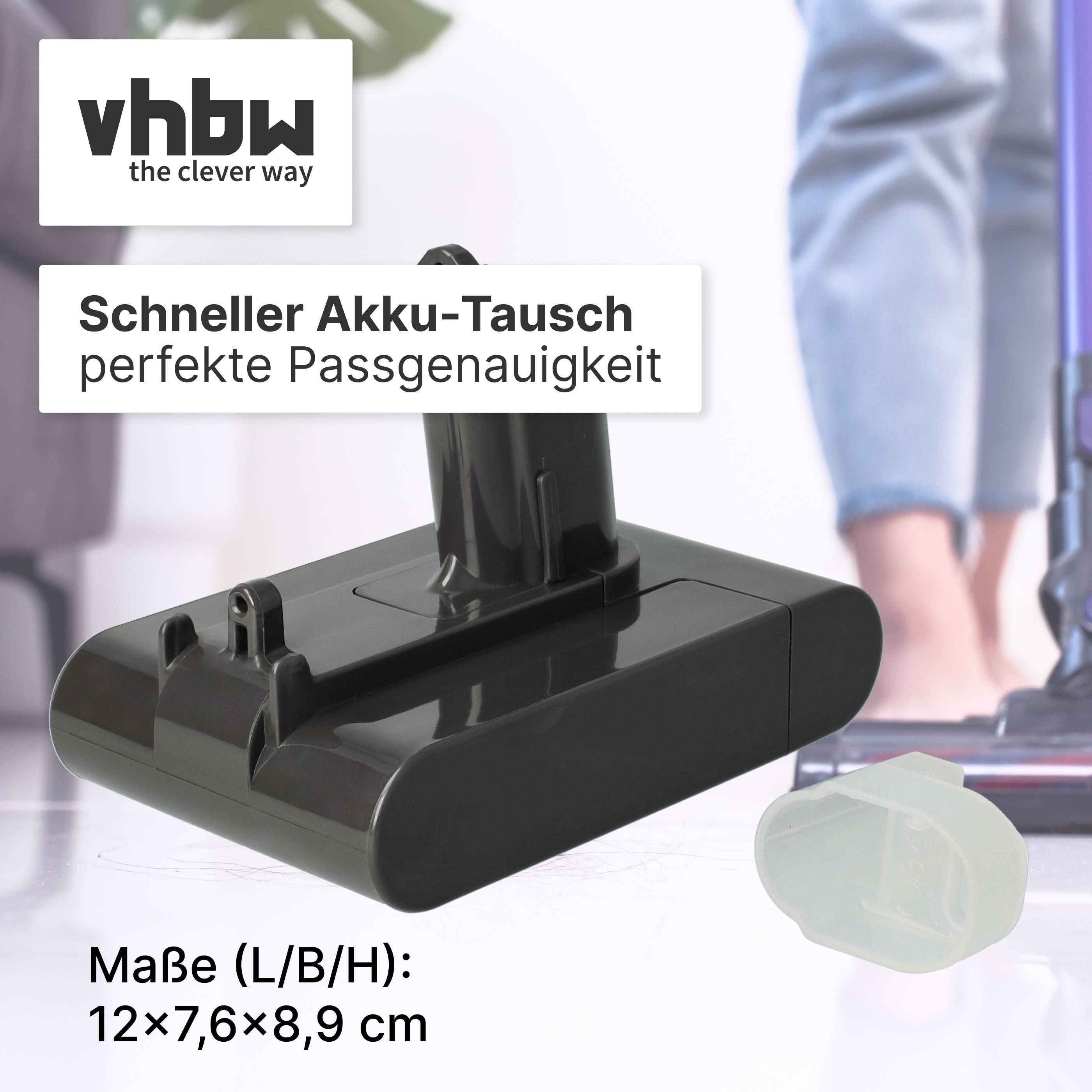 vhbw Akku-Ersatz Anzeige mit schwarzem Akkupack mit der Aufschrift „Schneller Akku-Tausch, perfekte Passgenauigkeit" und Größe „12×7,6×8,9 cm"