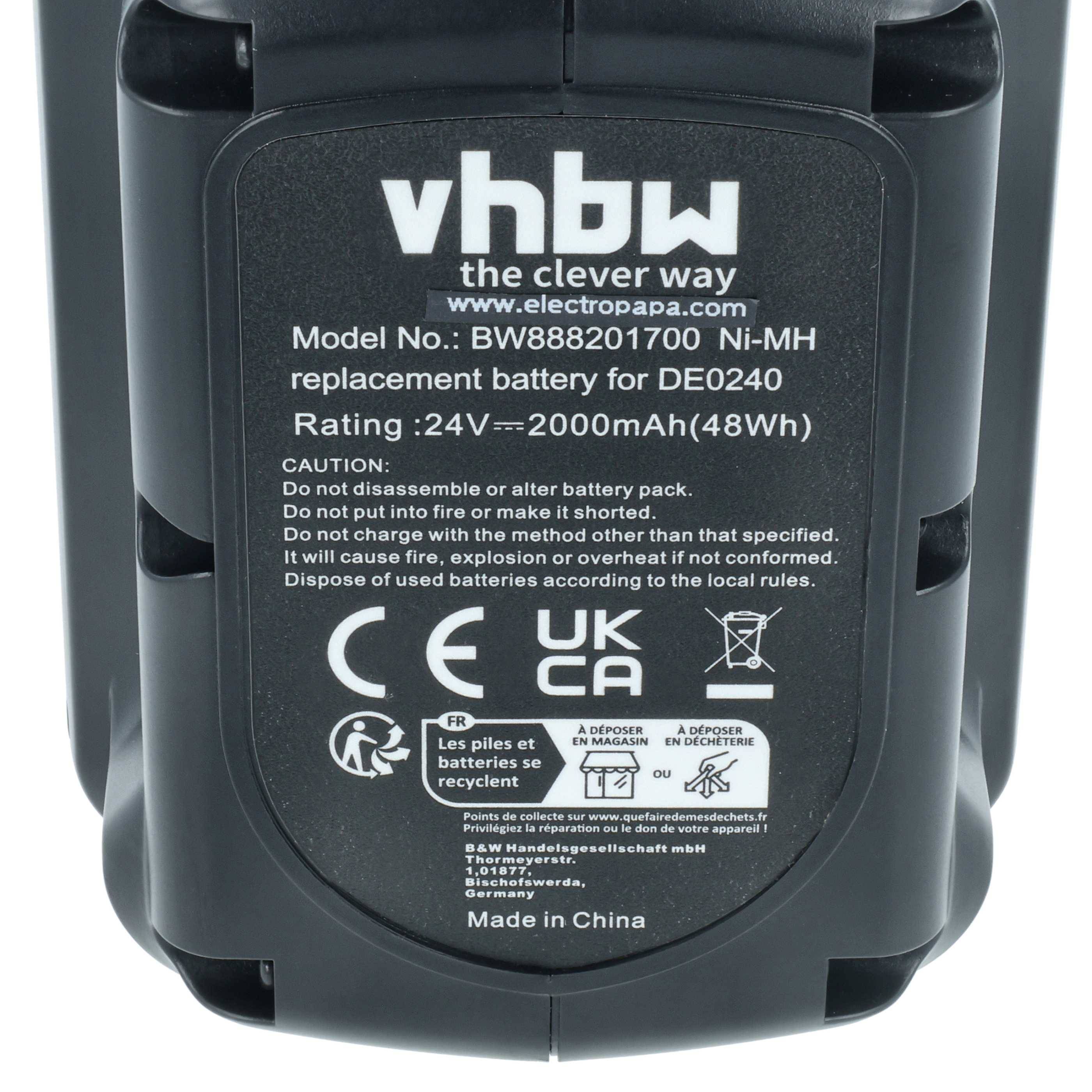 vhbw Akku kompatibel mit Dewalt DW017, DW017K2, DW008K-XE, DW008KH, DW017K2H, DW017N Werkzeug (2000 mAh, NiMH, 24 V)