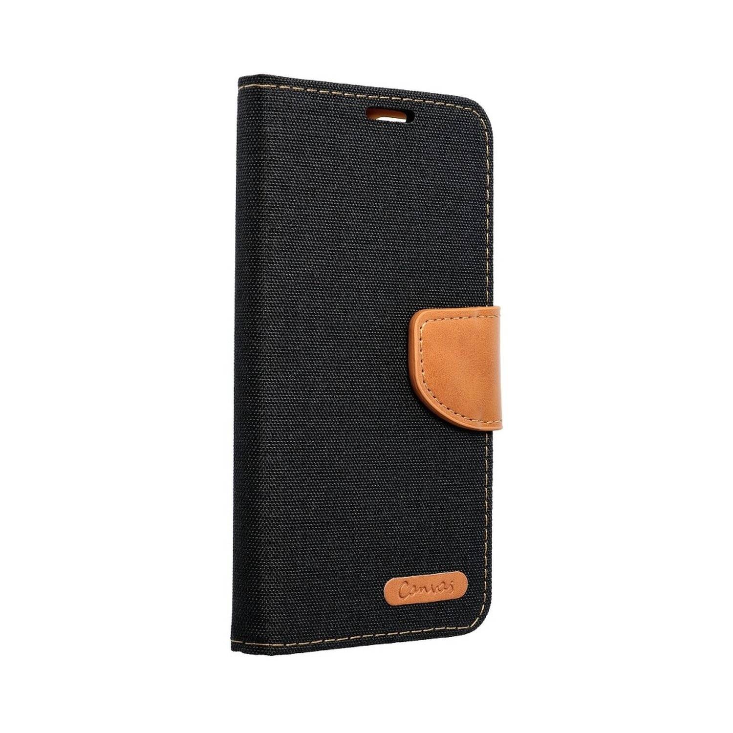 Elegante Buch-Tasche Hülle Fancy "Canvas" Book-Style Kartenfächer Wallet Schale kompatibel mit iPhone 12 Mini Schwarz