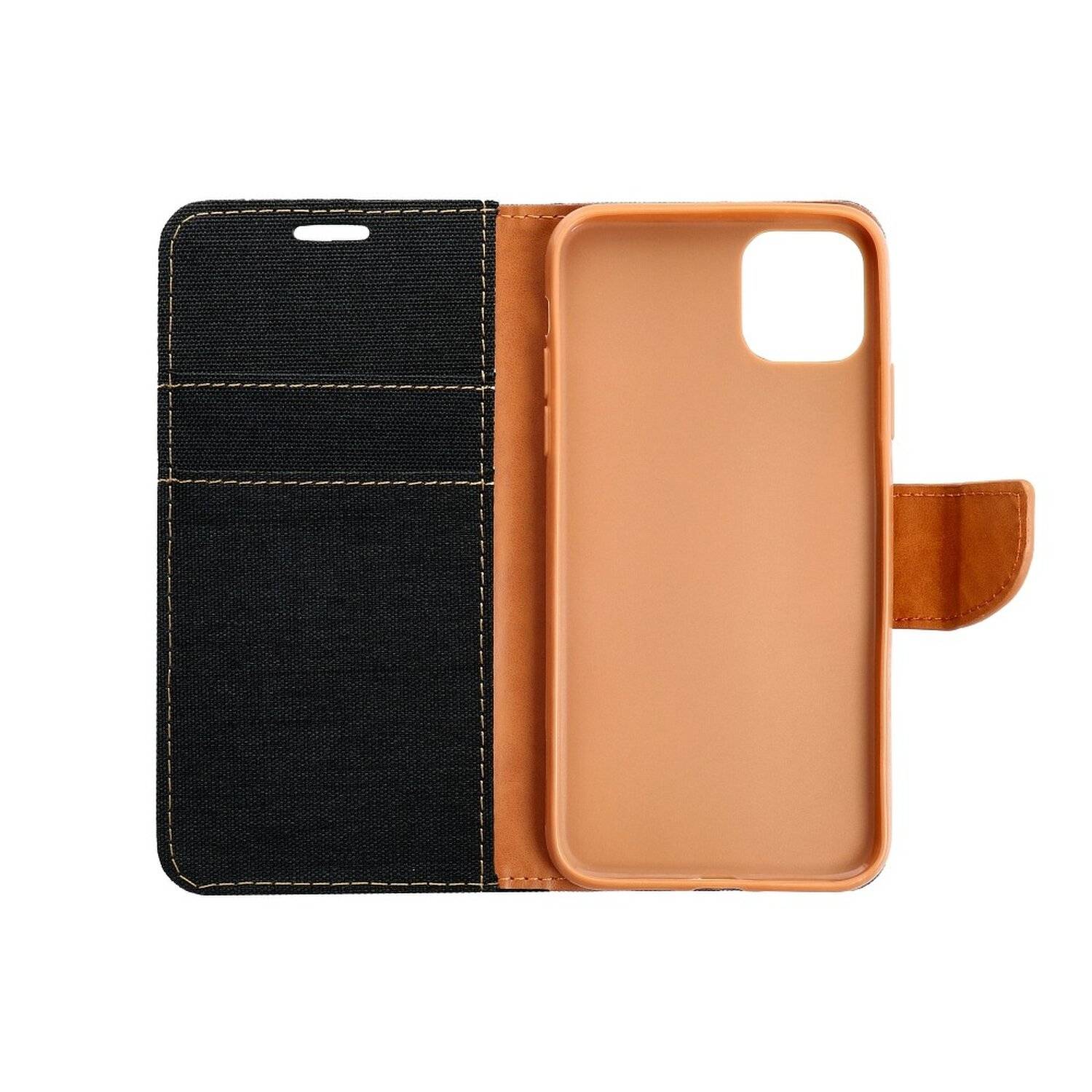 Elegante Buch-Tasche Hülle Fancy "Canvas" Book-Style Kartenfächer Wallet Schale für Samsung Galaxy A52 5G Schwarz
