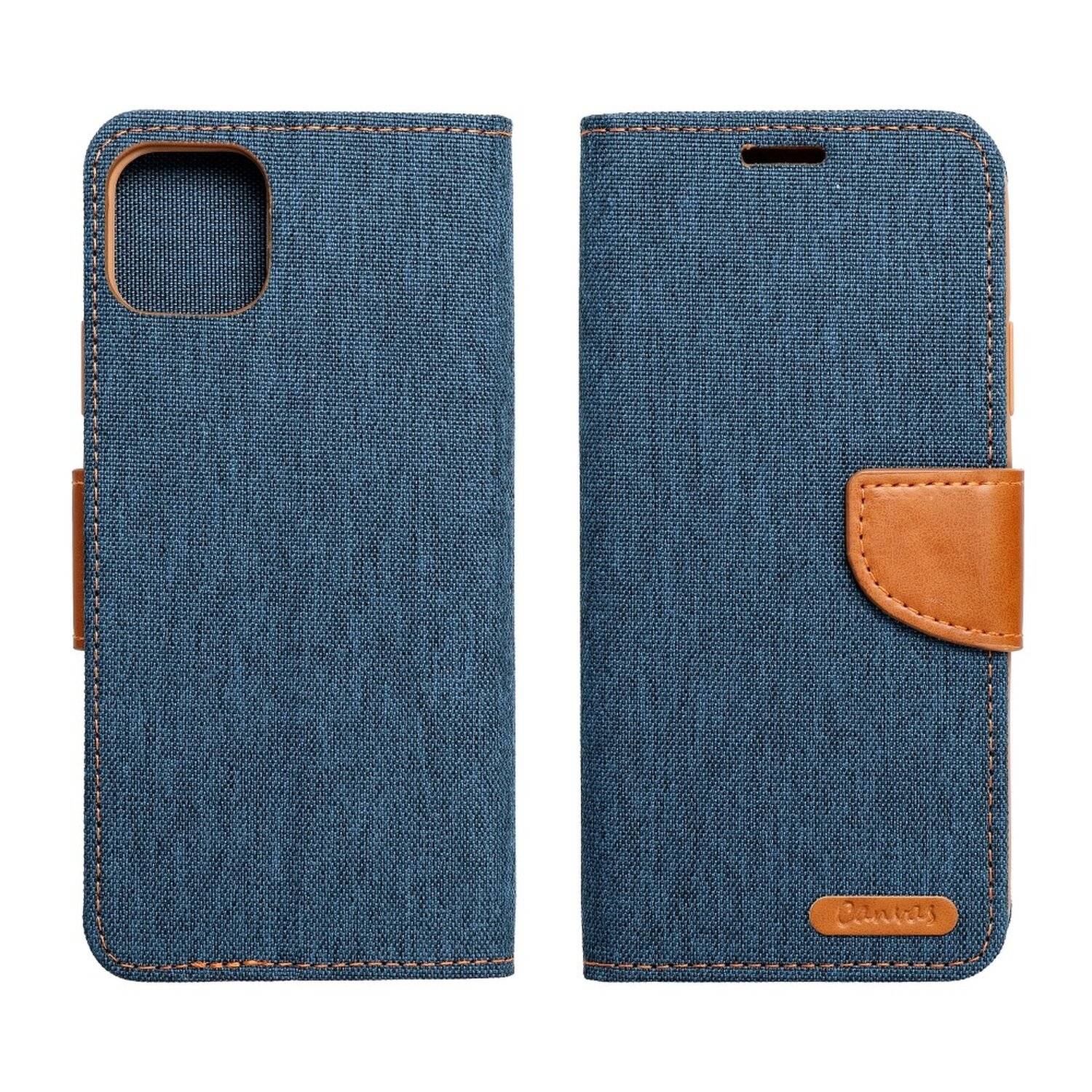 Elegante Buch-Tasche Hülle Fancy "Canvas" Book-Style Kartenfächer Wallet Schale für Samsung Galaxy A52 5G Dunkelblau