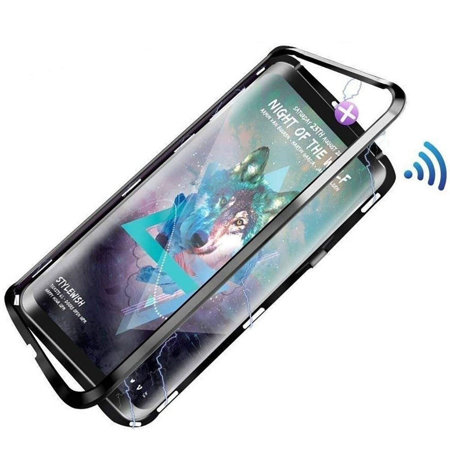 360° Magnet Full Slim Metall Case Handyhülle mit Schutzglas Vorder- und Rückseite Schwarz für Samsung Galaxy S21 (G991F)