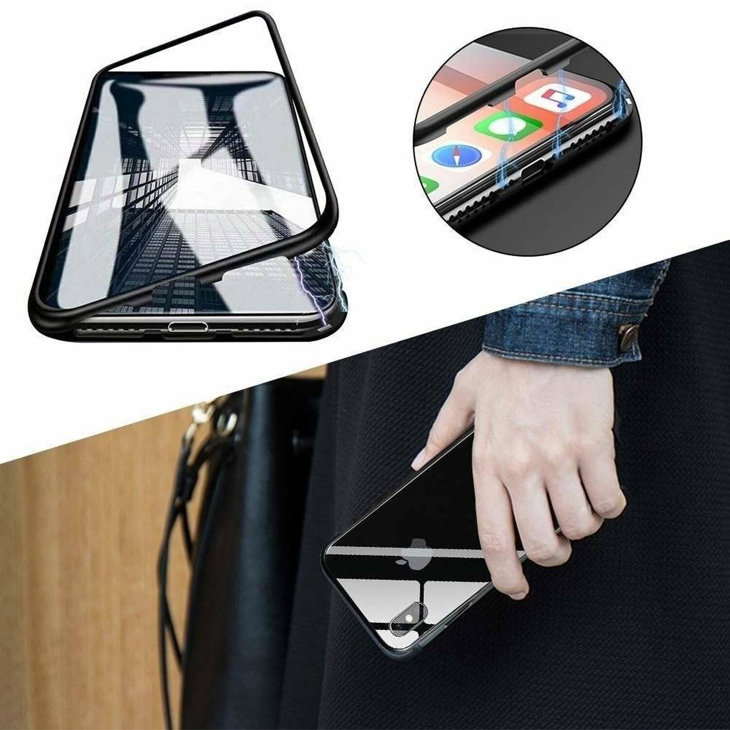 360° Magnet Full Slim Metall Case Handyhülle mit Schutzglas Vorder- und Rückseite Schwarz für Samsung Galaxy S21 (G991F)