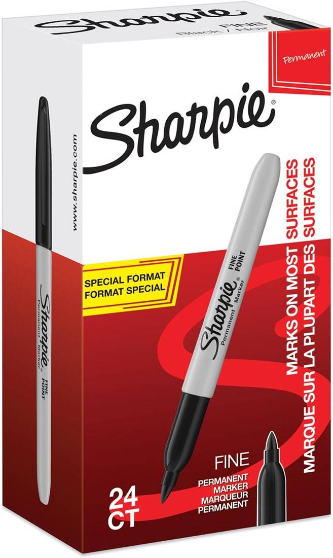 # Bild einer Sharpie-Permanentmarker-Box mit 24er-Pack, zeigt einen schwarzen Marker mit feiner Spitze und den Text „Markiert auf den meisten Oberflächen
