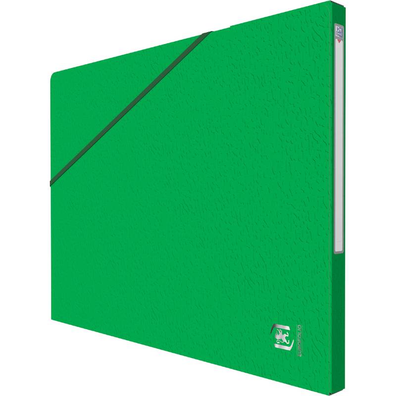 Ein grüner Dokumentenordner mit elastischem Verschluss und geprägter Textur, mit einem kleinen Wappenschild in der unteren rechten Ecke.