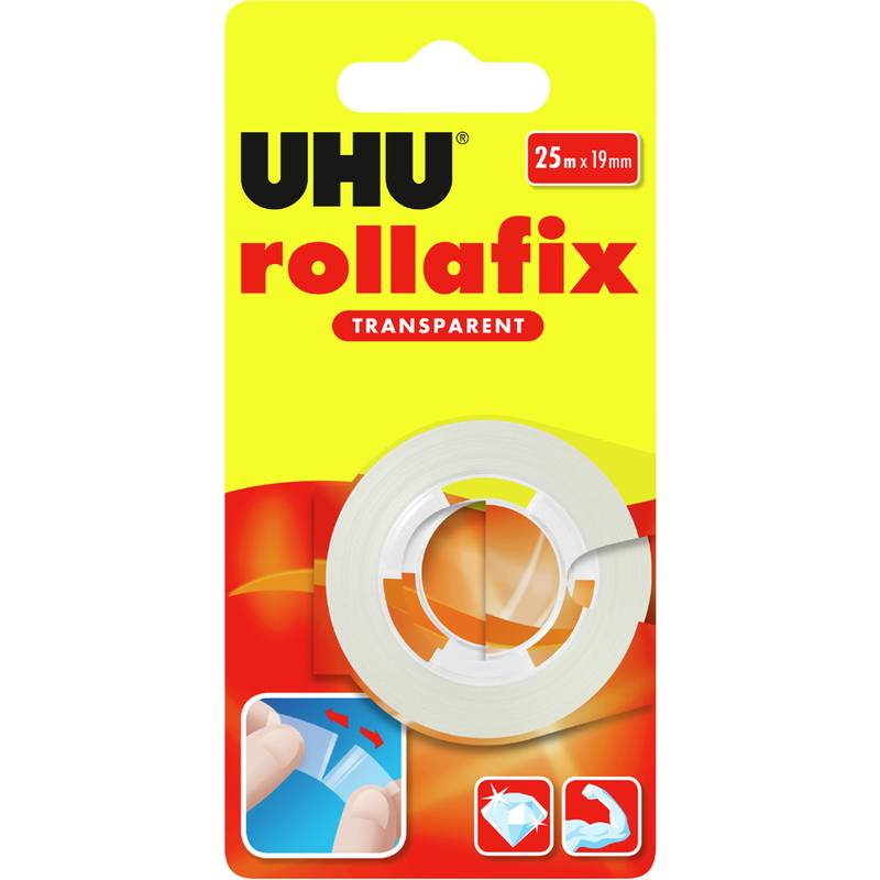 Verpackung von 'UHU rollafix Transparent' Klebeband, 25mm x 19mm. Zeigt ein Bild einer transparenten Klebebandrolle und Illustrationen zur Bandanwendung.