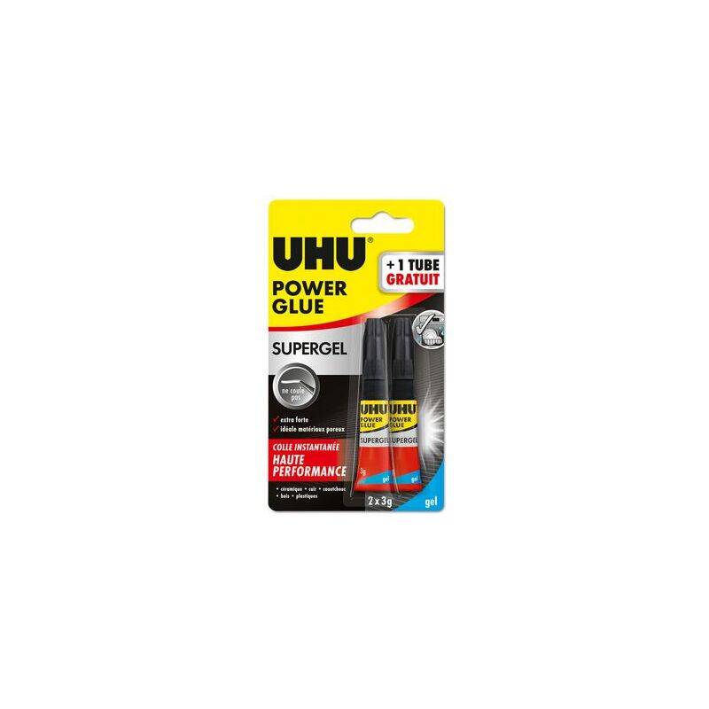 UHU Power Glue Supergel Verpackung zeigt zwei schwarze und gelbe Röhren, mit dem Text ‚high performance', und ‚+1 Tube gratis' in einem roten Abzeichen.