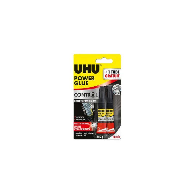 UHU Power Glue' Verpackung mit drei Klebetubos; Text: '+1 Tube gratis', 'Kontrolle', 'Direct Stop Technologie.