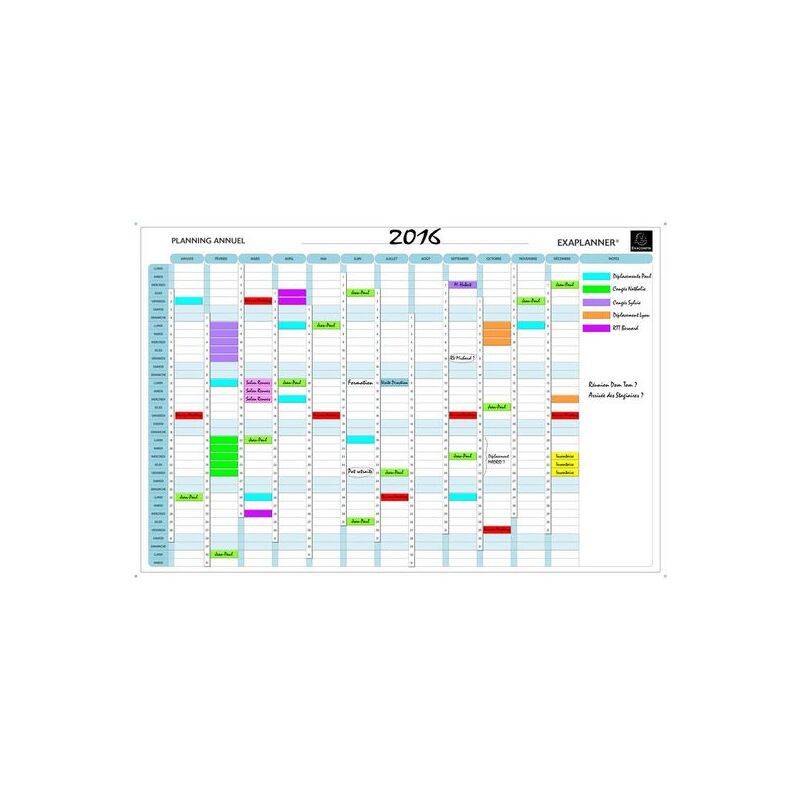 Kalenderraster für 2016, nach Monaten unterteilt, mit mehrfarbigen Ereignissen und Terminen. Legende zeigt farbcodierte Kategorien für Aufgaben.