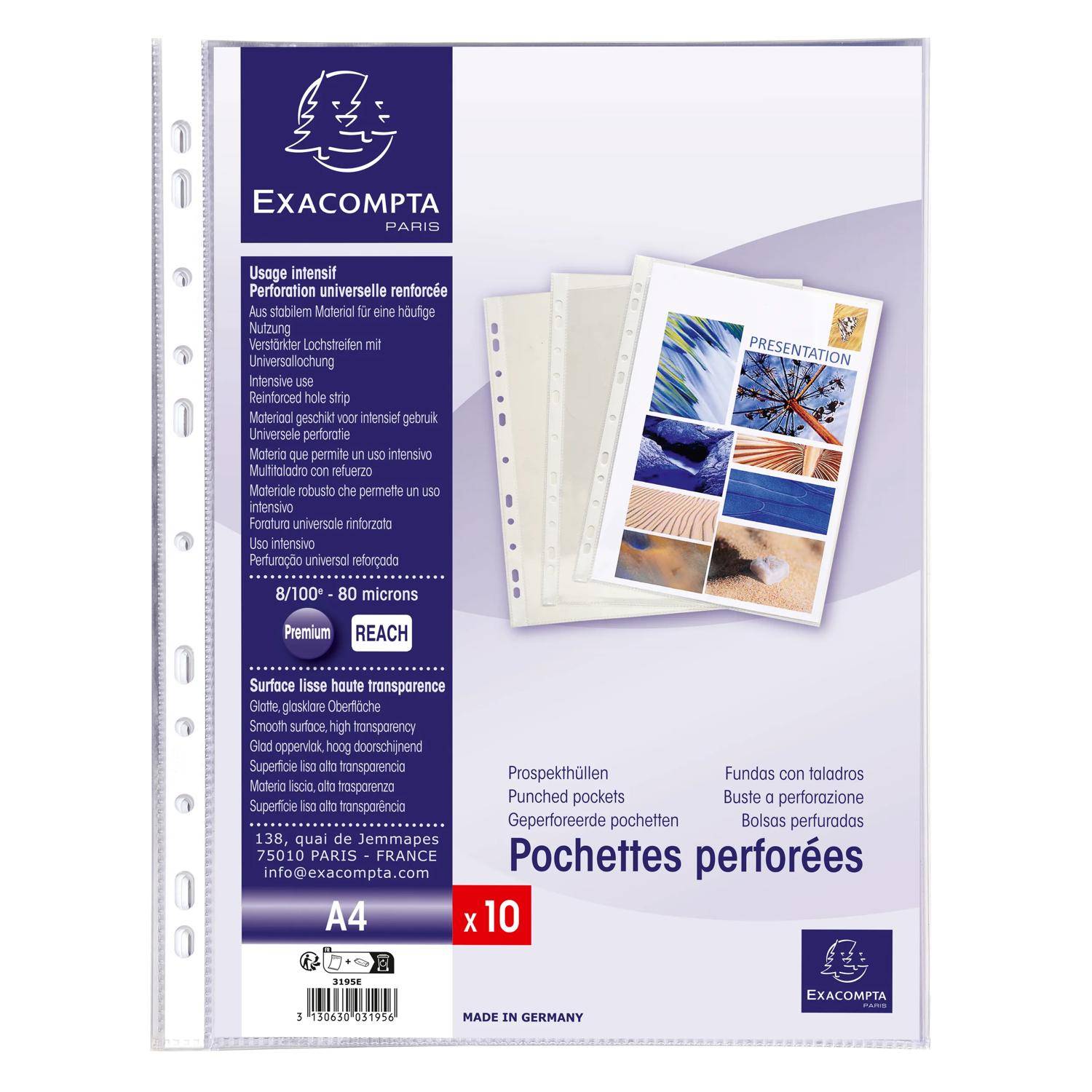 Exacompta Pack 100 Prospekthüllen gelocht glattem PVC 80µ A4 hoch Kristall 3194E