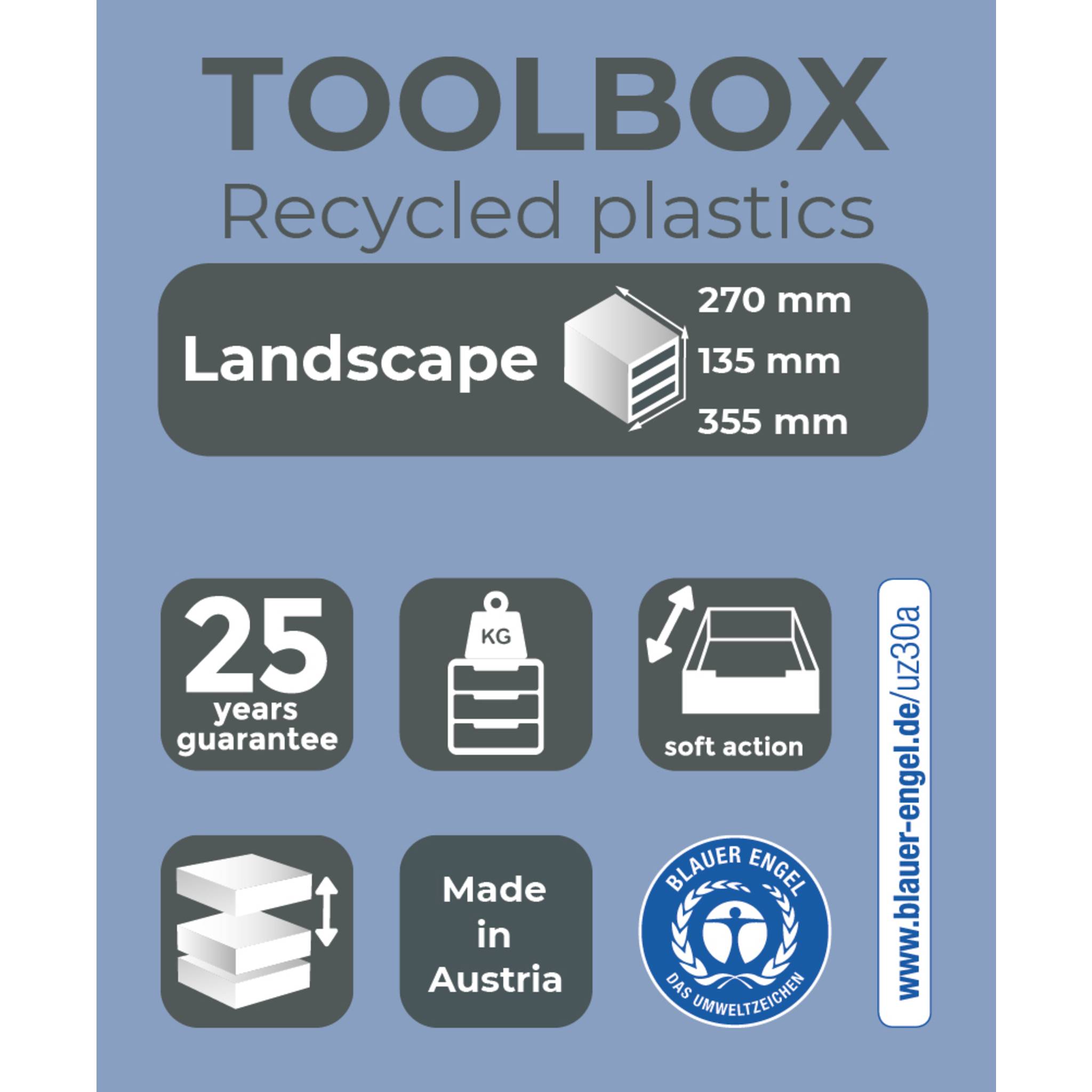 Werkzeugkasten aus recycelten Kunststoffen, Landschaftsmodell, 270 x 135 x 355 mm, mit 25-Jahres-Garantie, Soft-Action, Made in Austria, Blauer Engel Umweltsiegel.