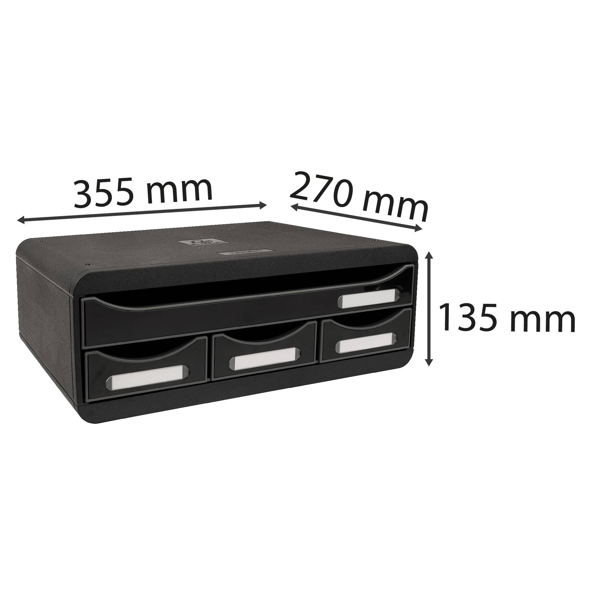 Schwarzer Schreibtischorganizer mit 3 Schubladen, Abmessungen 355 mm breit, 270 mm tief und 135 mm hoch.