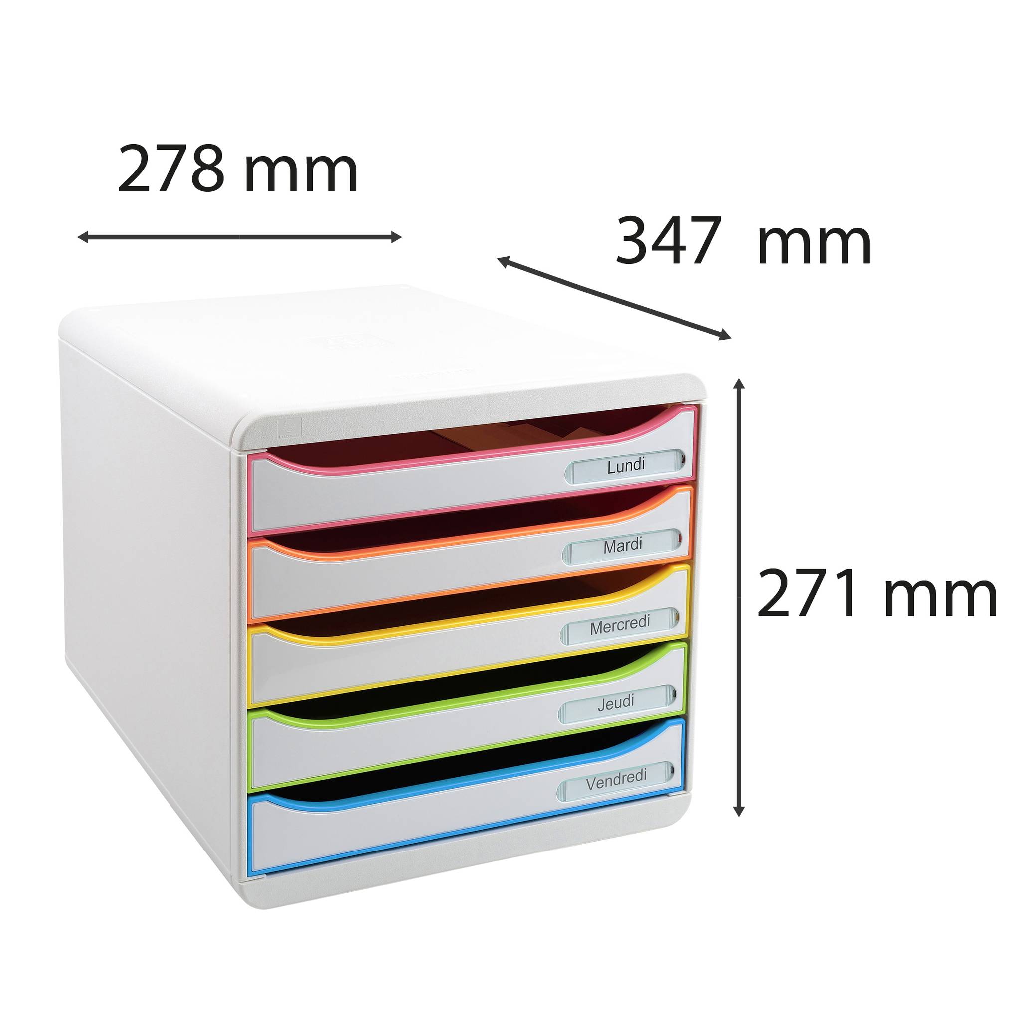 Weiße 5-Schublade-Organizer, gezeigt mit den Abmessungen 278 mm Breite, 347 mm Tiefe und 271 mm Höhe; Schubladen mit den Bezeichnungen Montag bis Freitag in Französisch gekennzeichnet.