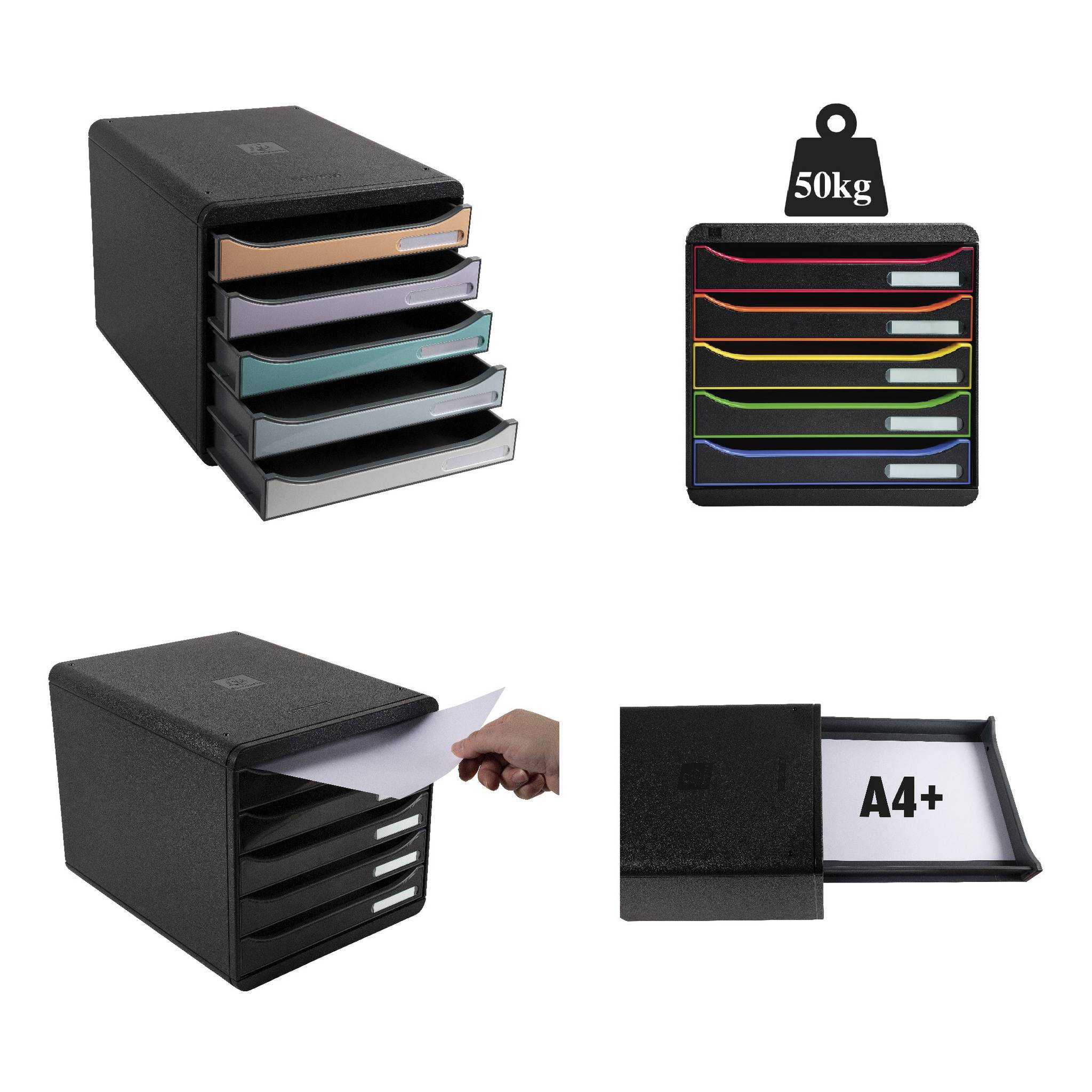 Schwarzer Desktop-Dateiorganizer mit fünf farbcodierten Schubladen, zeigt eine Tragfähigkeit von 50 kg und Speicherplatz für A4+-Papier.
