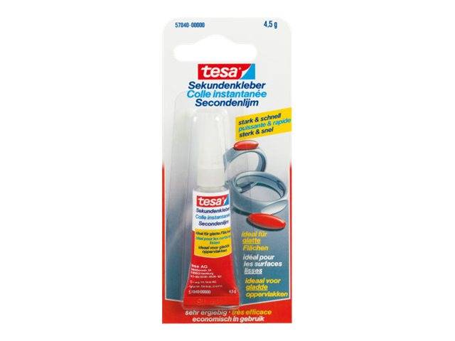 Paket von tesa 'Sekundenkleber' Sekundenkleber, zeigt eine Tube und Kappe mit mehrsprachigem Produkttext auf einer rot-weiß gestreiften Blisterpackung.