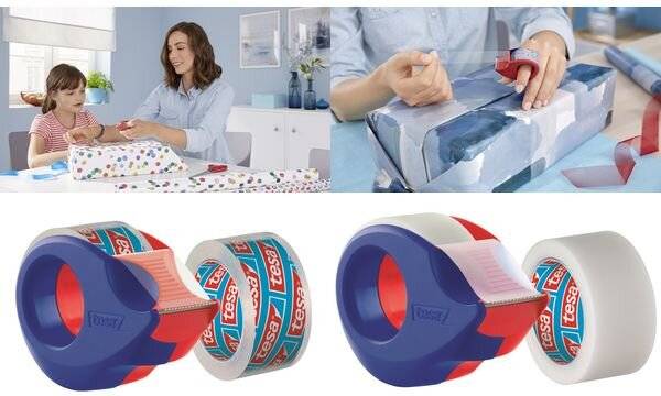 Collage mit einer Frau und einem Kind, die ein Geschenk einpacken, eine Nahaufnahme von Händen, die ein eingepacktes Geschenk mit Klebeband bekleben, und Rollen transparentes Packband.