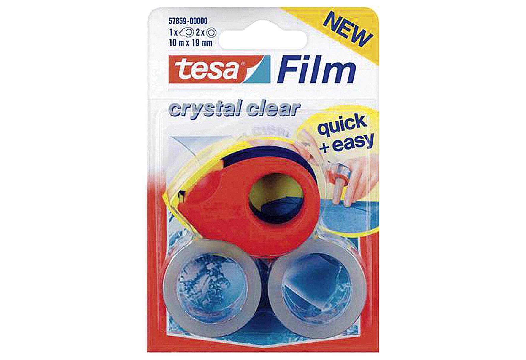 Paket mit tesa Film kristallklarem Klebeband, das drei Rollen zeigt und mit "quick + easy"" Branding versehen ist.