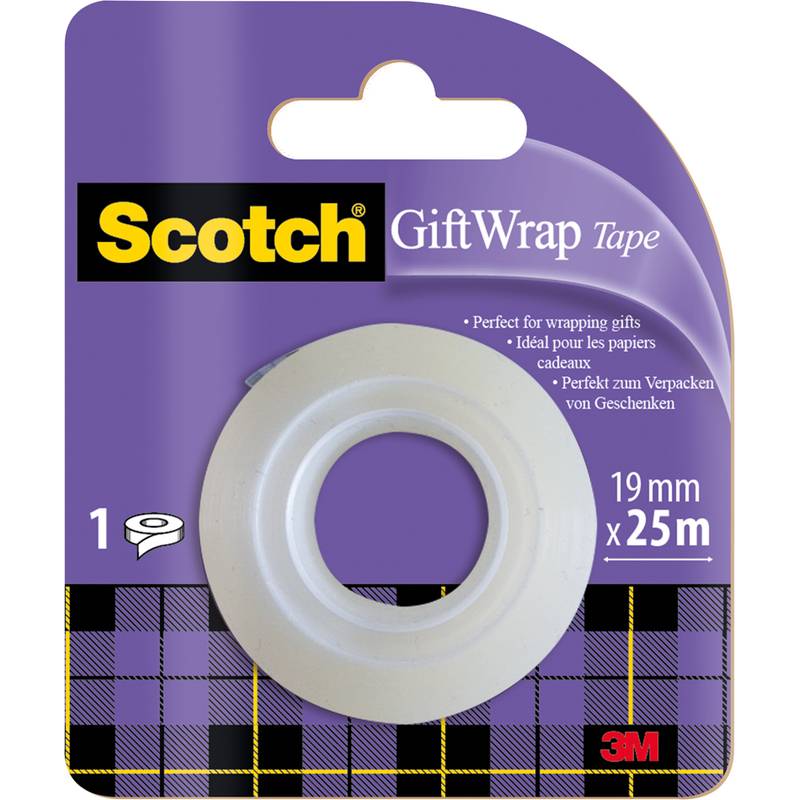 Lila Verpackung von Scotch Geschenkband-Klebeband, 19mm x 25m. Entwickelt zum Geschenke verpacken. Enthält Scotch-Logo und Abbildung der Bandrolle.
