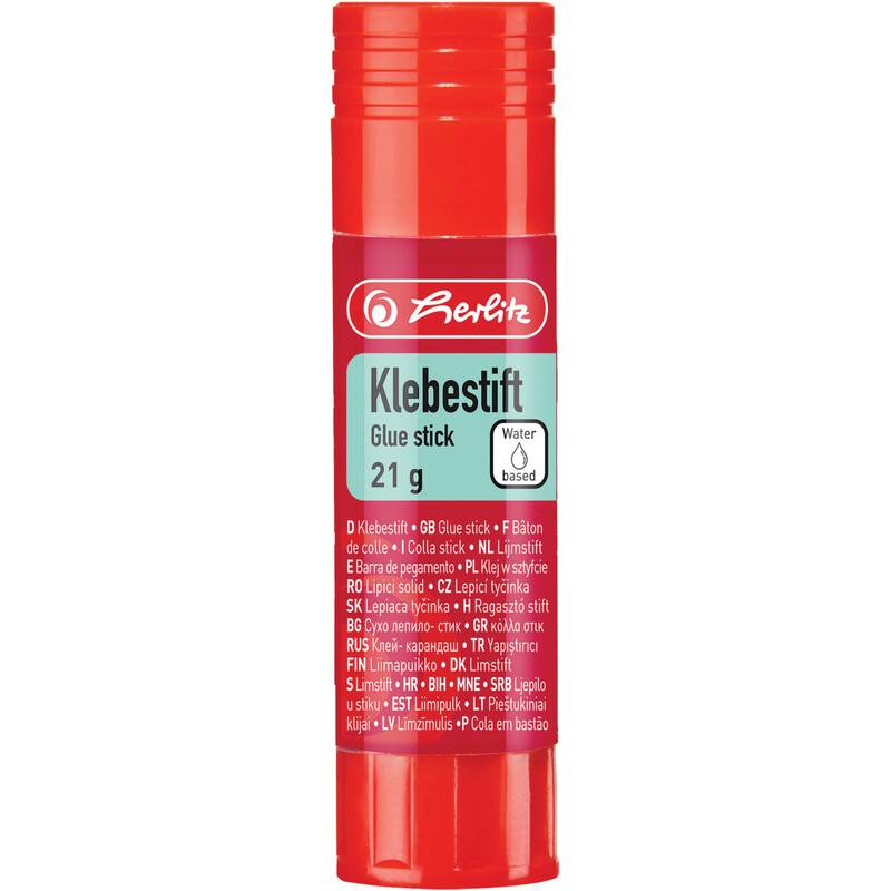 Roter Klebestift mit der Bezeichnung 'Klebestift Glue Stick 21g'. Text enthält 'Wasserbasiert'.