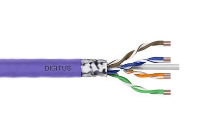Darstellung eines violetten Ethernet-Kabels mit zurückgestreiftem Außenmantel, das vier verdrillte Adernpaare und freigelegte Kupfernenden zeigt.