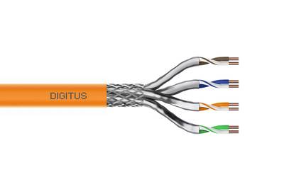 Abbildung eines DIGITUS-Ethernetkabels mit zurückgezogenem Außenmantel, das verdrillte Adernpaare und freiliegende Kupferenden zeigt.