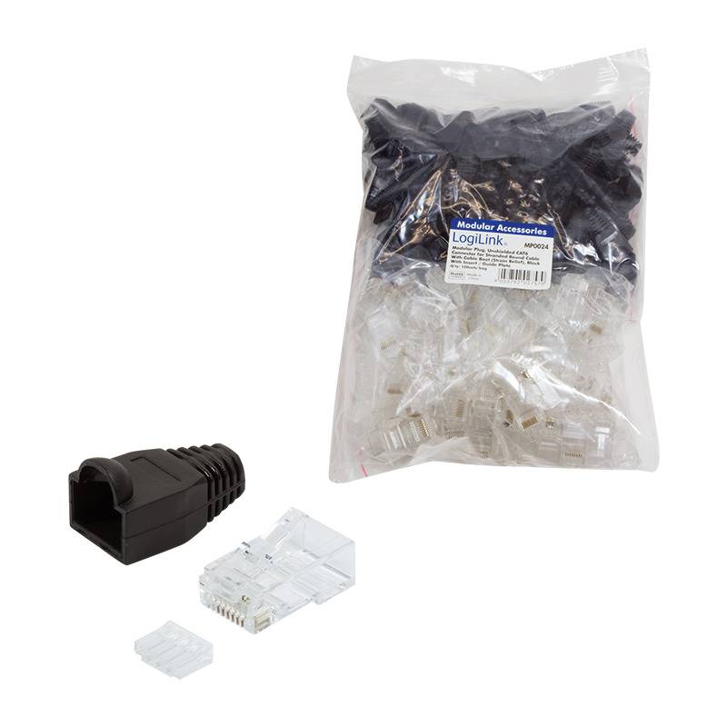 Eine Tasche mit modularen Zubehörteilen mit klaren und schwarzen Anschlüssen, einschließlich eines isolierten schwarzen Anschlusses im Vordergrund.