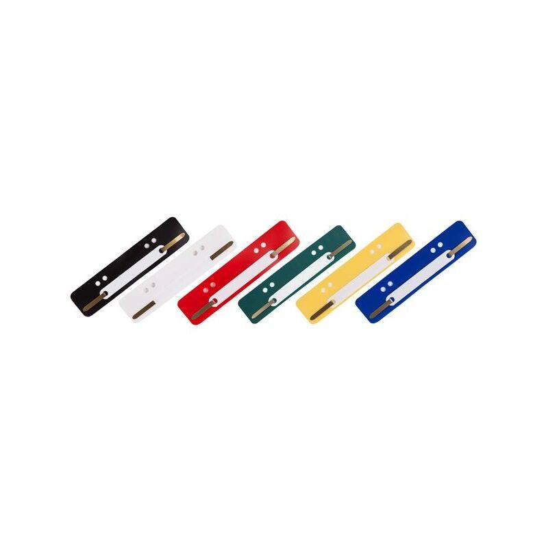 Fünf Metall-Aktenklammern in Schwarz, Weiß, Rot, Grün und Gelb, in einer Reihe angeordnet, zum Halten von gelochten Papierdokumenten konzipiert.