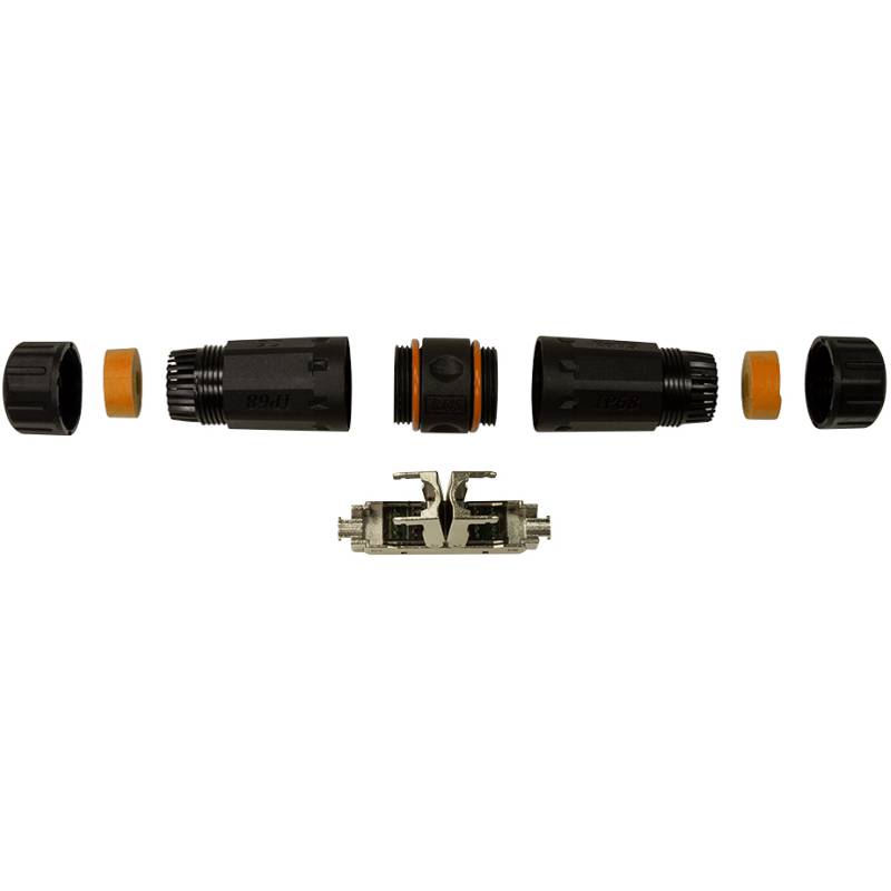 Explosionszeichnung eines Kabelsteckers mit allen Komponenten, einschließlich Kappen, Gehäuse, Dichtungen und Anschlüssen.