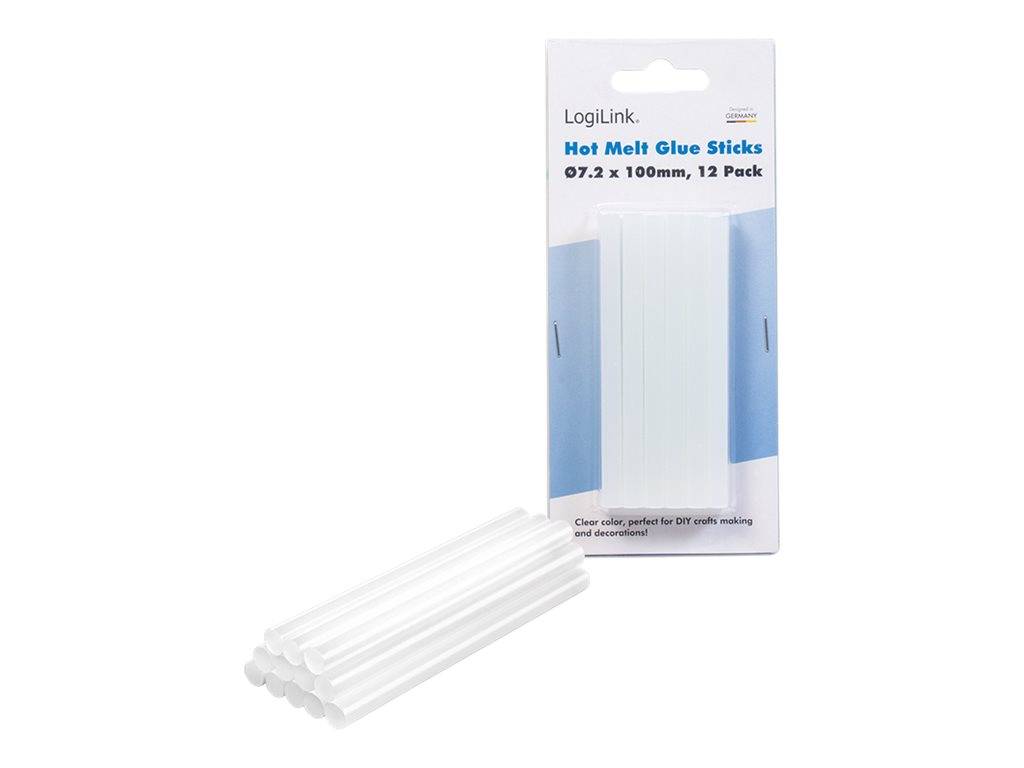 Packung LogiLink Heißklebesticks, 7,2 x 100 mm, 12er-Pack, mit mehreren transparenten Klebstoffsticks, die vor der Verpackung gezeigt werden.