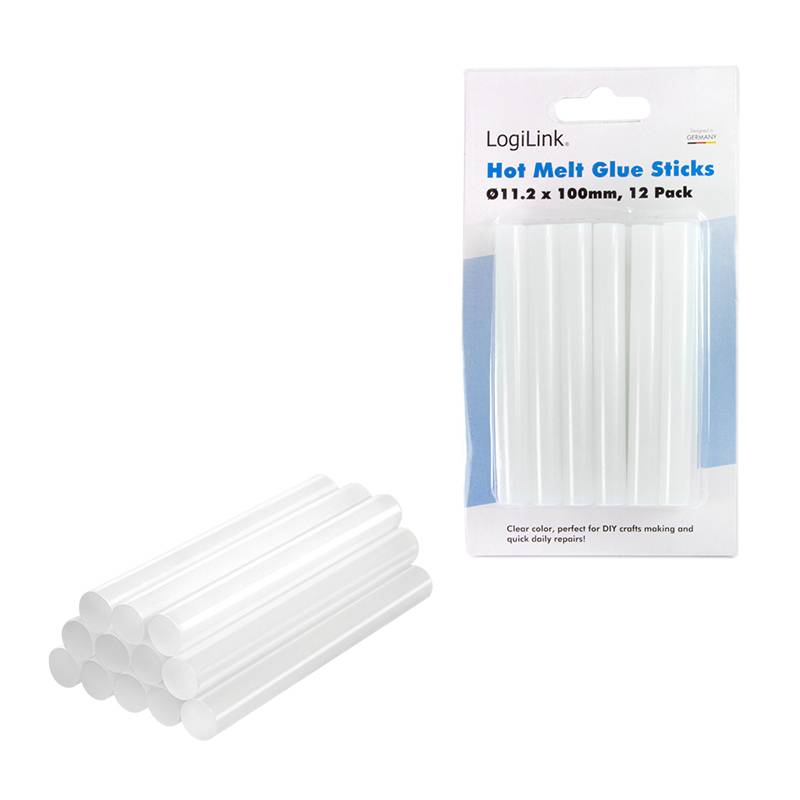 Pack mit LogiLink Heißkleber-Sticks, 11,2 x 100 mm, 12er Pack, abgebildet mit transparenten Kleber-Sticks und Einzelhandelsverpackung.