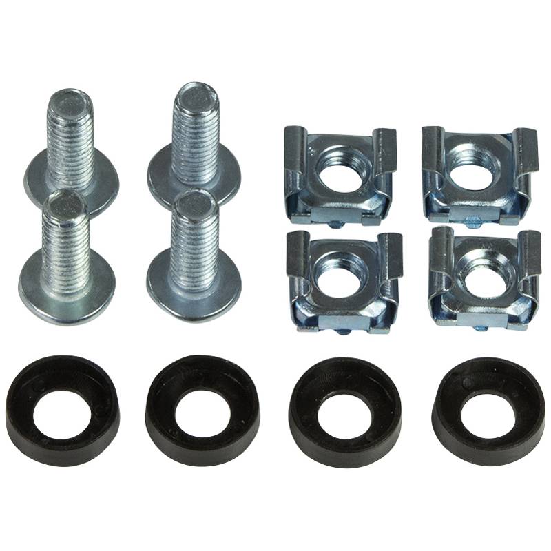 Vier Metallschrauben, vier Metallklemmuttern und vier schwarze Unterlegscheiben sind in Reihen angeordnet; Komponenten zum Befestigen oder zur Montage.