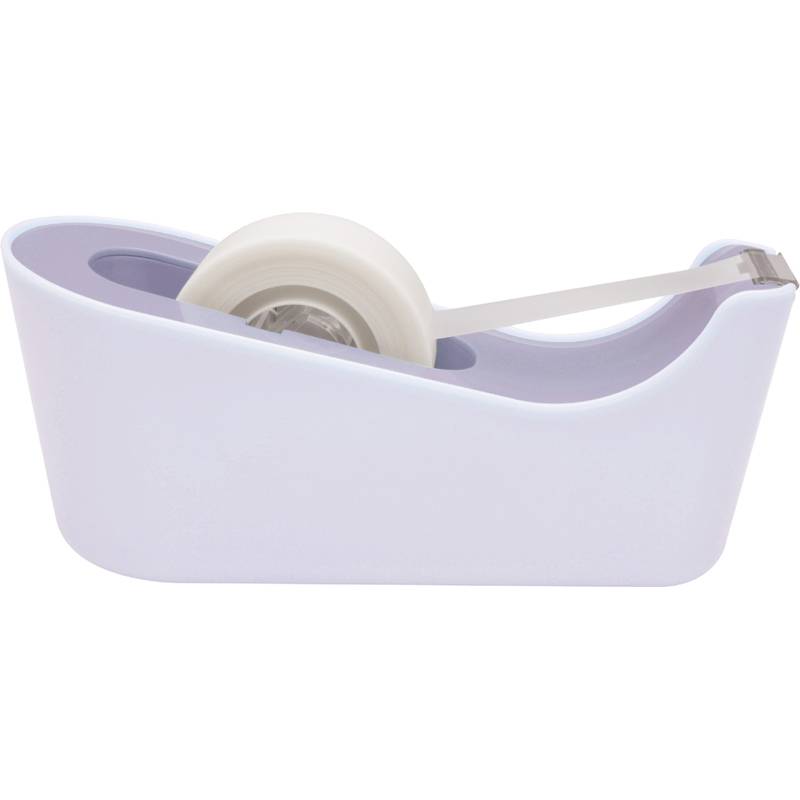 Weißer Klebebandabroller mit einer Rolle transparentem Klebeband, teilweise abgerollt, vor einem einfarbigen Hintergrund.