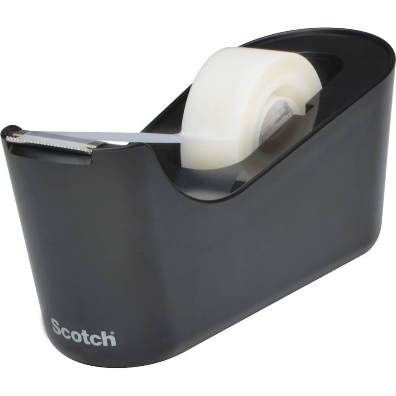 Schwarzer Scotch-Tesa-Abroller mit einer Rolle durchsichtiger Klebestreifen auf weißem Hintergrund.