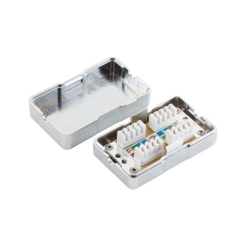 Eine offene Plastik-Verteilerdose, die ihr Innenleben mit mehreren Klemmen und farbigen Markierungen zeigt, die für elektrische Verbindungen verwendet wird.