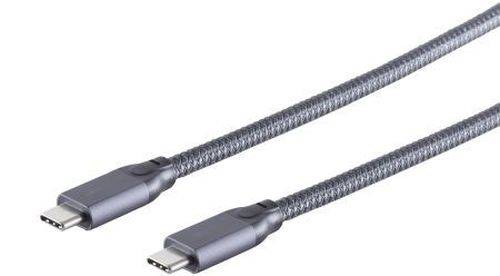 Zwei USB-C-Anschlüsse auf geflochtenen Ladekabeln auf weißem Hintergrund.