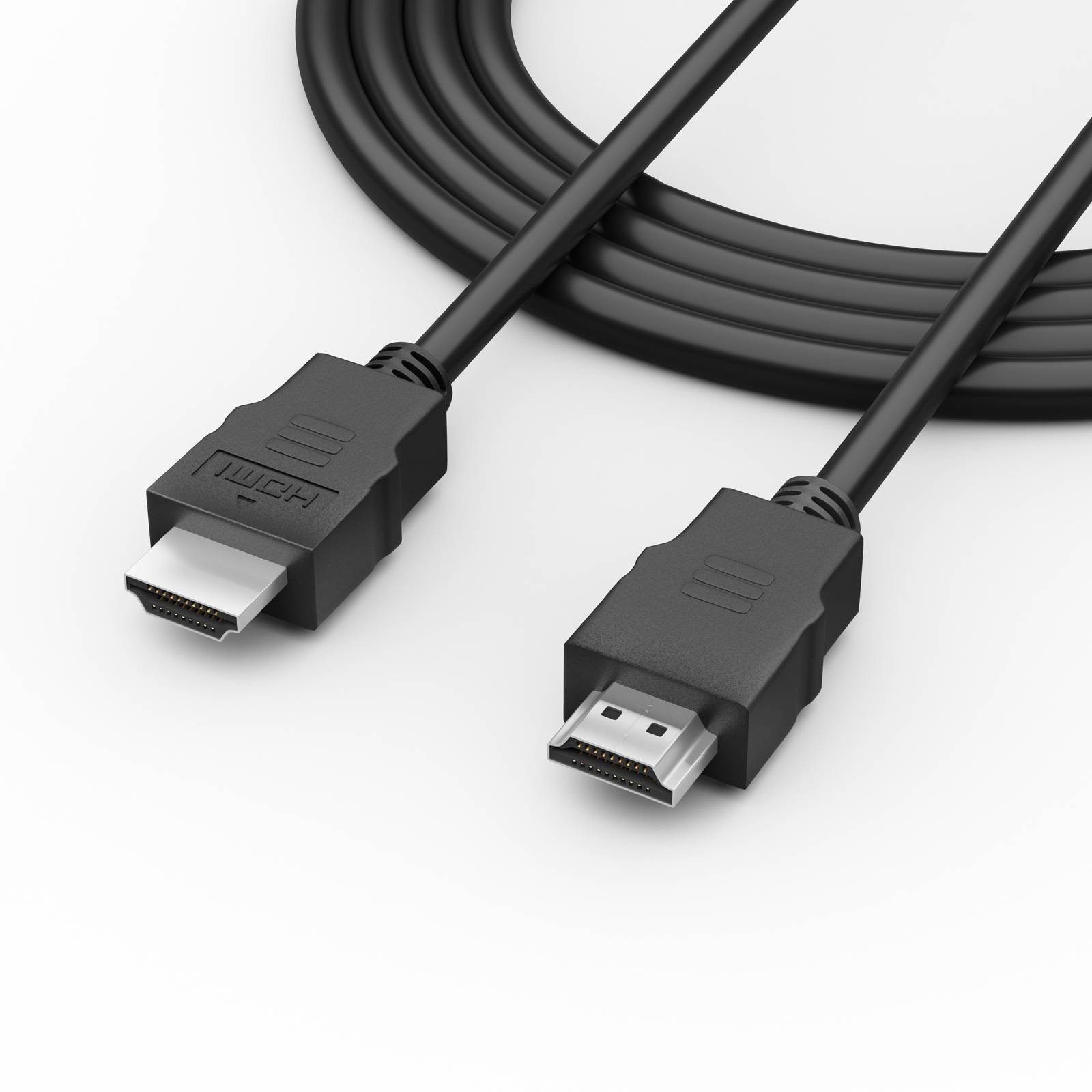 Zwei schwarze HDMI-Kabel mit Steckern, eines Standard-HDMI und eines Mini-HDMI, auf weißem Hintergrund abgebildet.