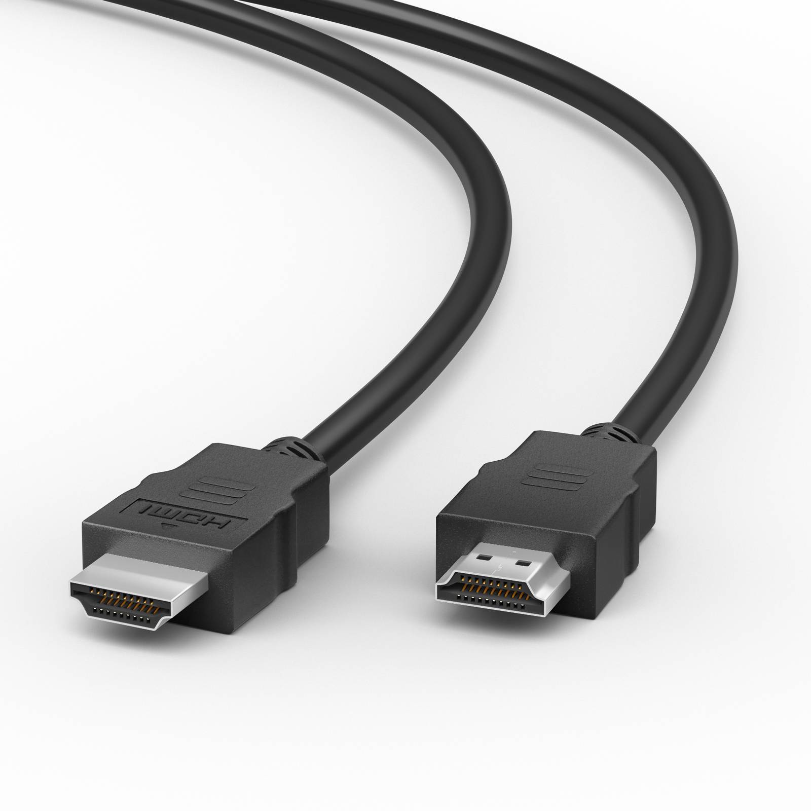 Zwei schwarze HDMI-Kabel mit Steckverbindern auf weißem Hintergrund, die ein HDMI-Verbindungskabel veranschaulichen.