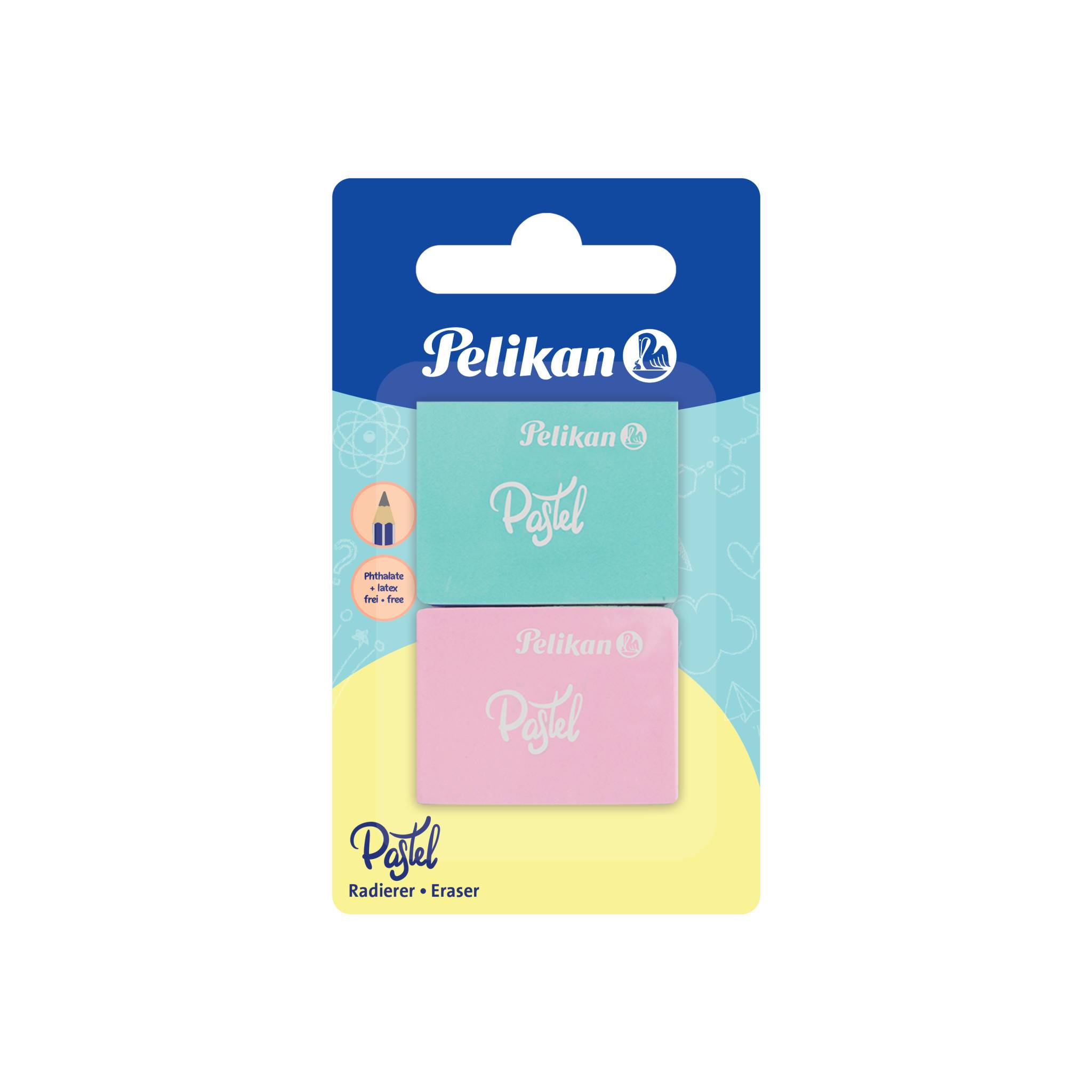 Pelikan Pastel verpacktes Radierer- und Spitzer-Set in Mintgrün und Rosa auf einer blau-gelben Karte.
