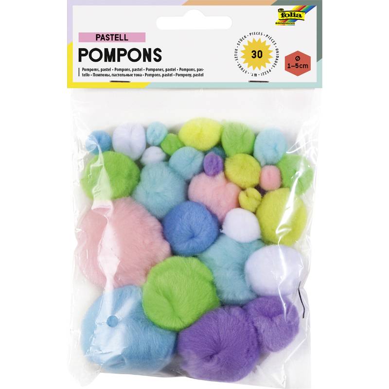 folia Pompons, 30 Stück, Größen sortiert, Pastellfarben