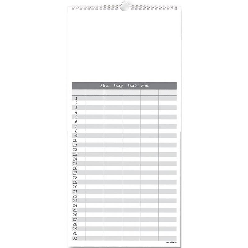 Eine vertikale Kalenderseite für Mai, mit den Zahlen 1 bis 31 in einem Gitterlayout, gestaltet für tägliche Planung, mit schraffierten Wechselzeilen.