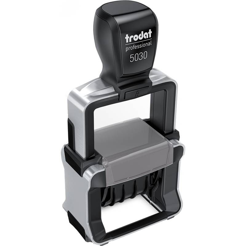 Trodat Professional 5030 selbstfärbendes Datumstempel, schwarzer und silberner tragbarer Bürostempel.