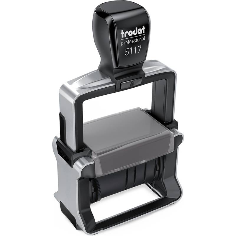 Schwarz-silberner Trodat Professional 5117 Selbstfärber-Stempel mit rechteckiger Rahmung und Griff, dargestellt auf weißem Hintergrund.